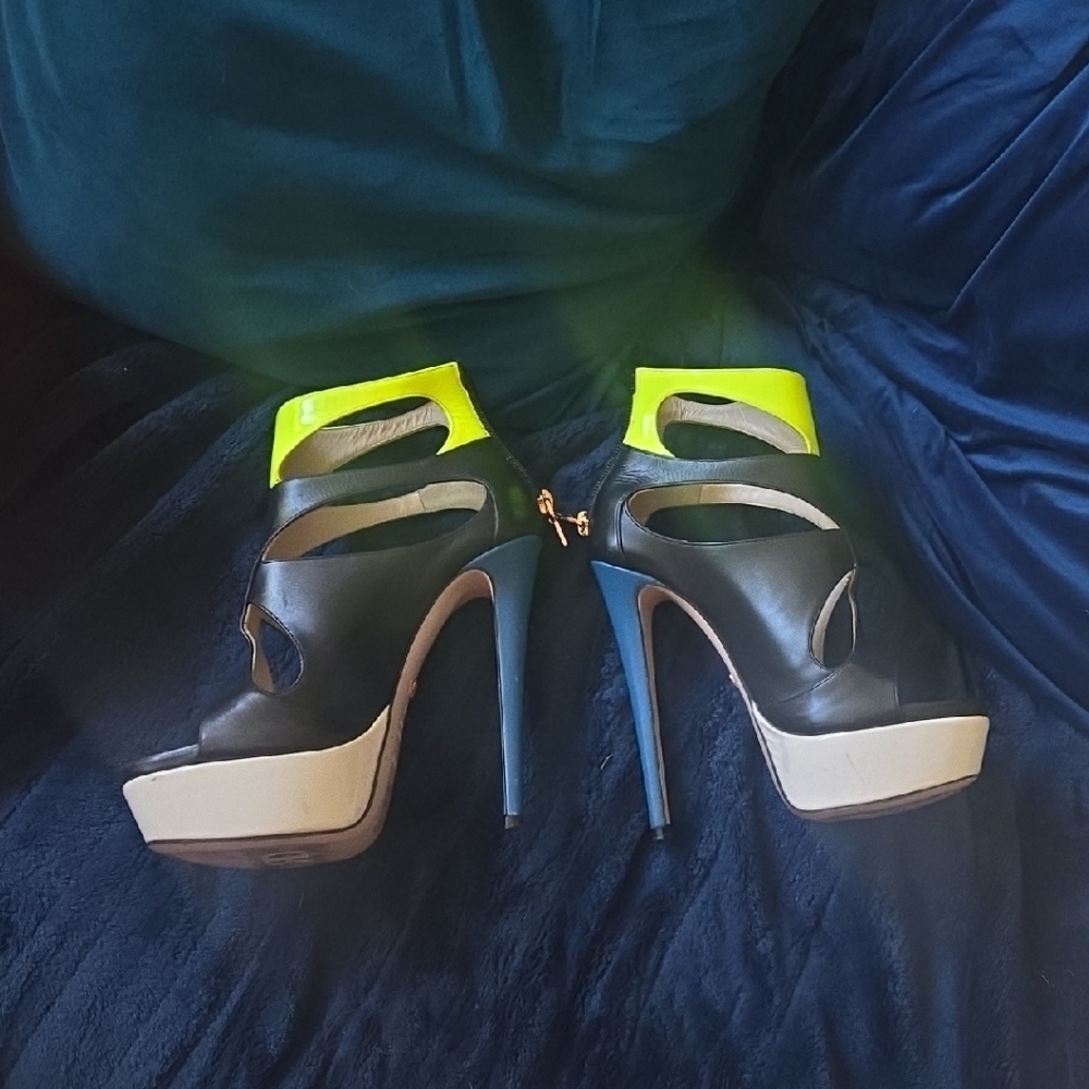 Ruthie Davis Black and Yellow Heels with Striking Design